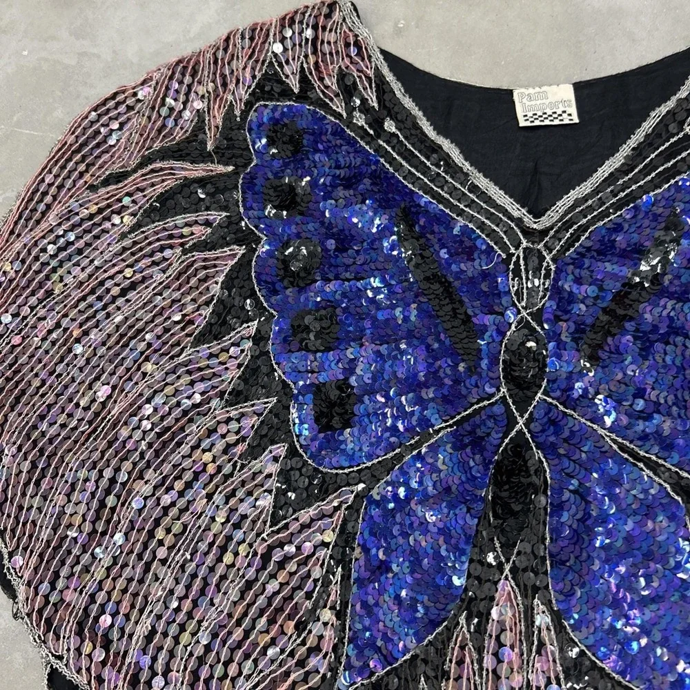 Vintage 1970s Retro Disco Boho Beaded‎ Sequin Butterfly Silk Top - Picture 4 of 9